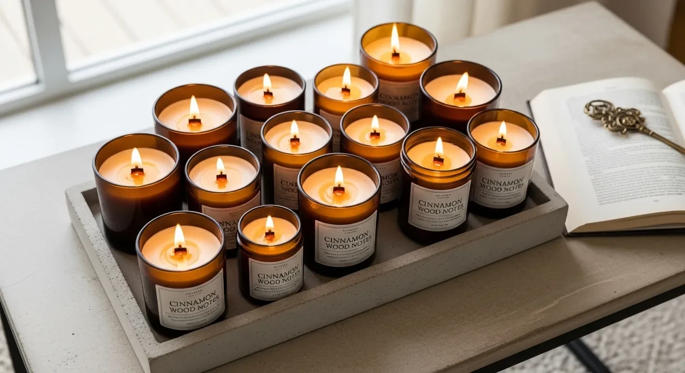 Bougies parfumées arrangées sur plateau en béton