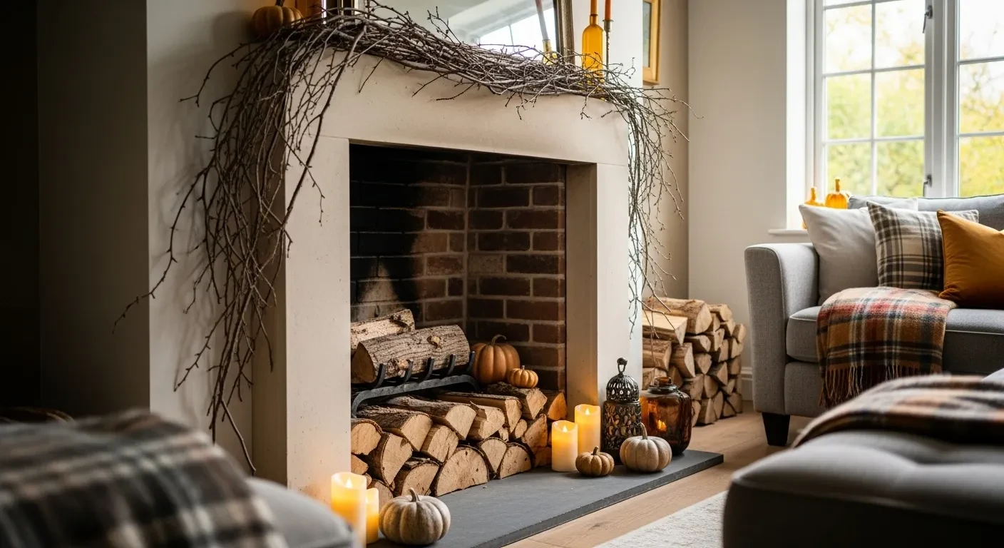 Cheminée transformée en cocon automnal avec branches et textiles