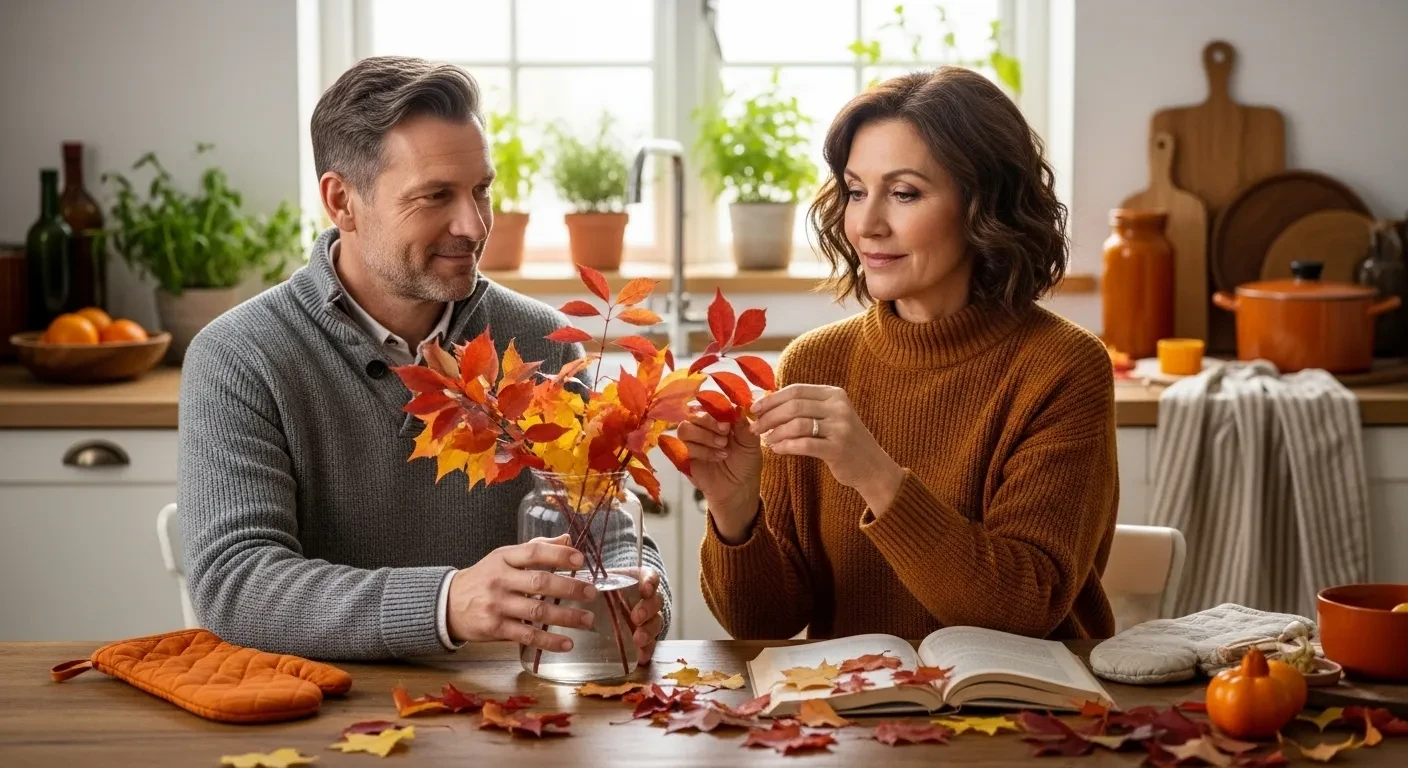 Couple arrangeant des feuilles d'automne dans un vase
