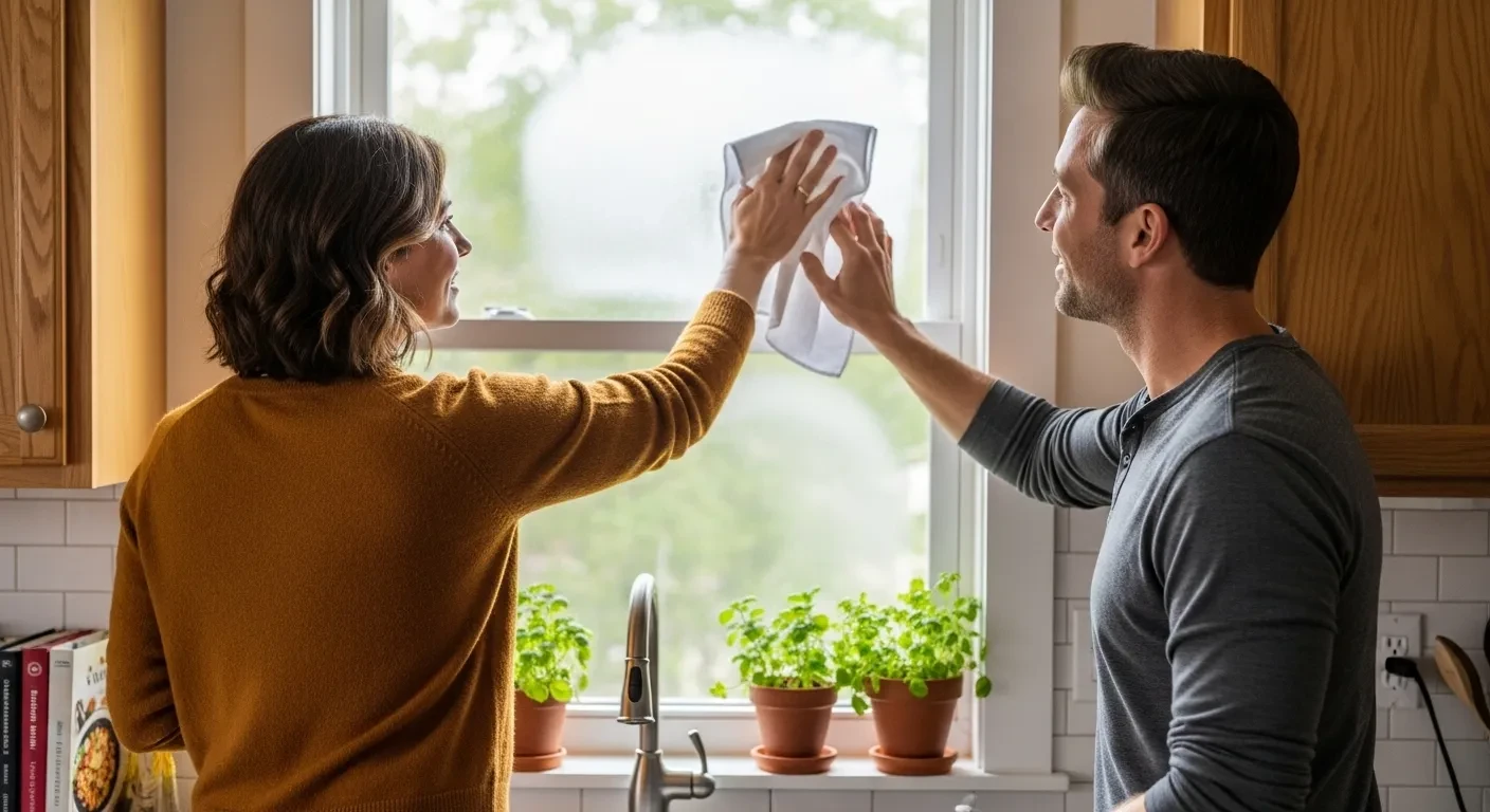 Couple défoggeant une fenêtre de cuisine en hiver
