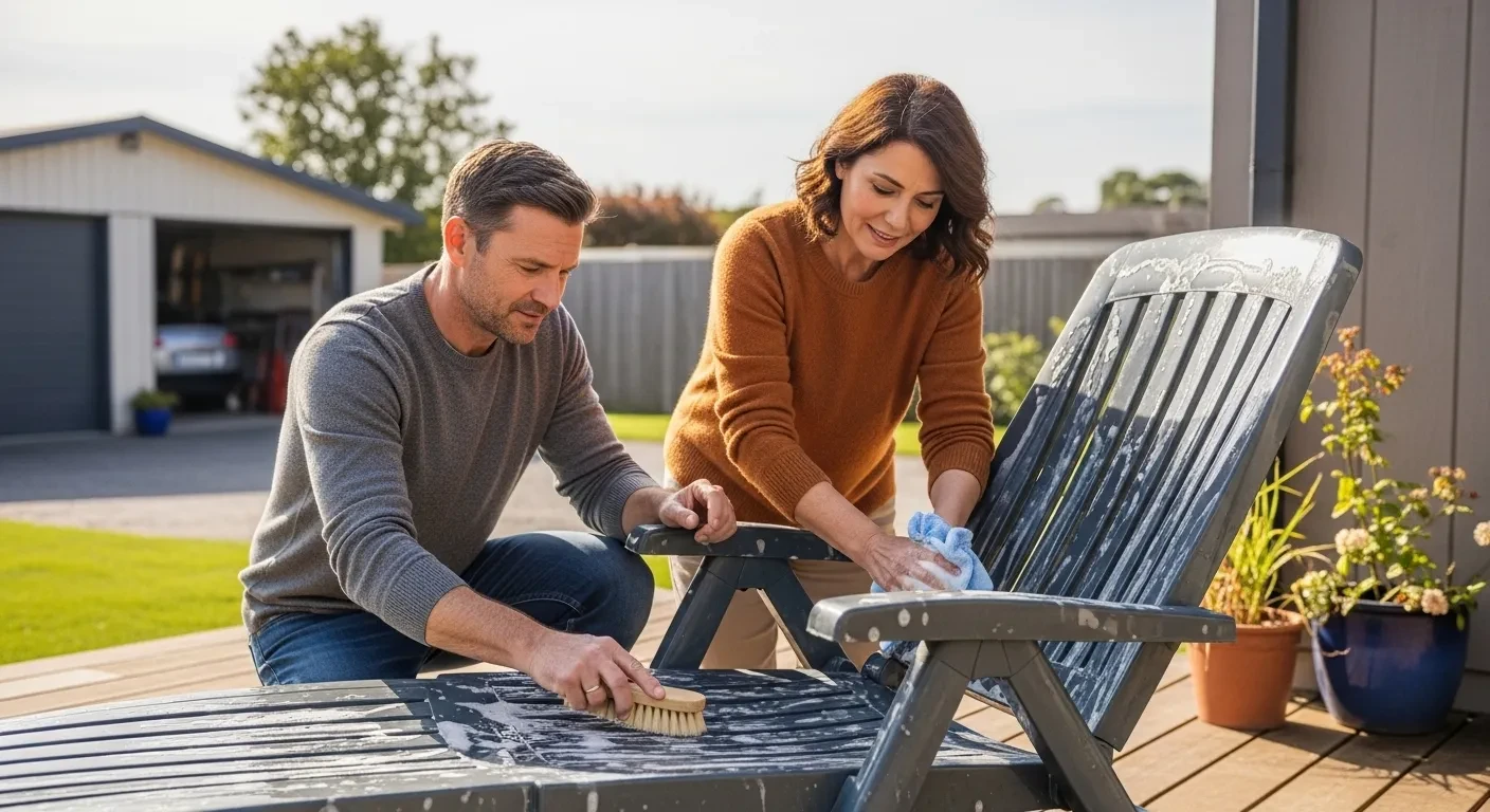 Couple nettoyant un fauteuil de jardin en plastique