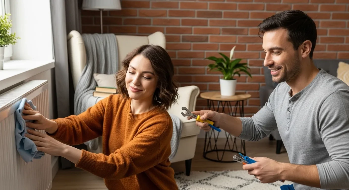 Couple nettoyant un radiateur dans un salon chaleureux