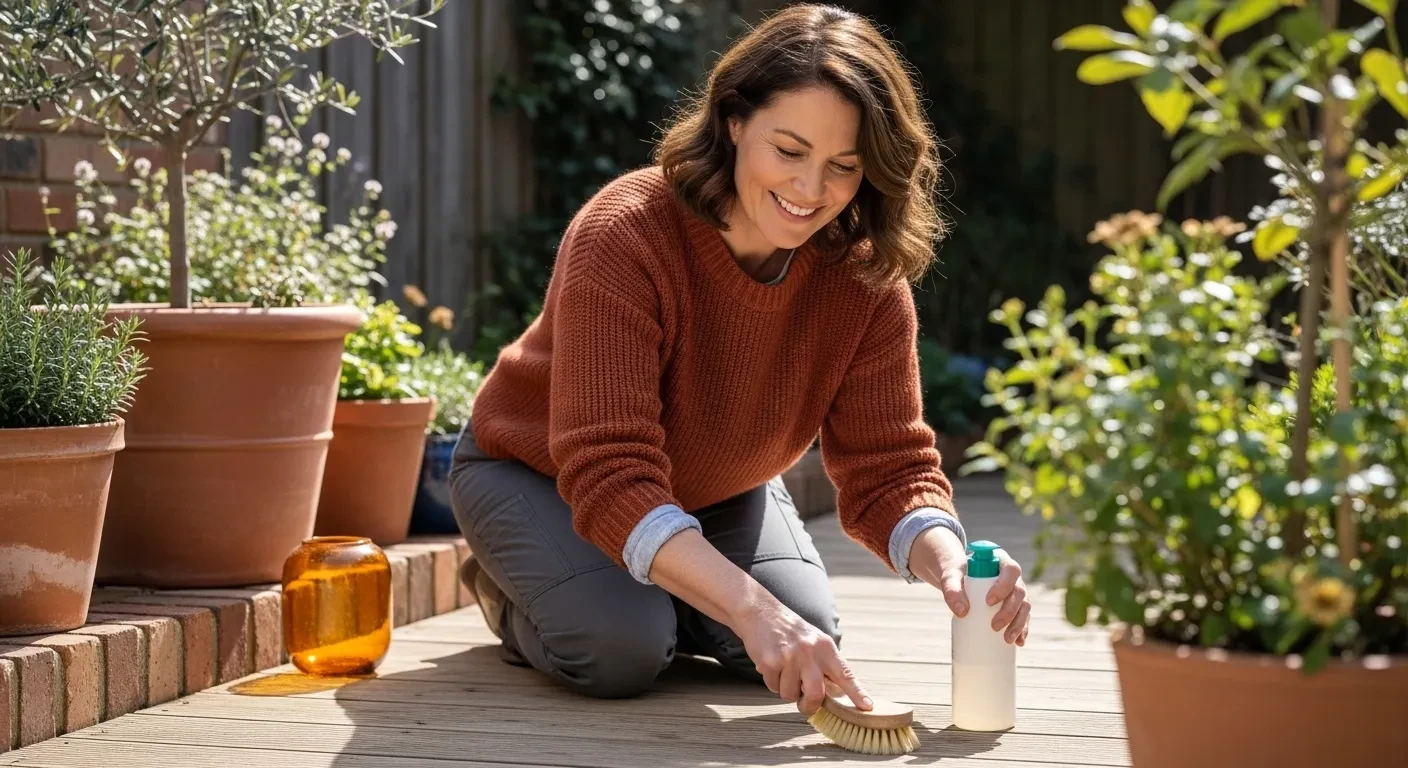 Femme nettoyant une terrasse en bois avec des plantes en pots