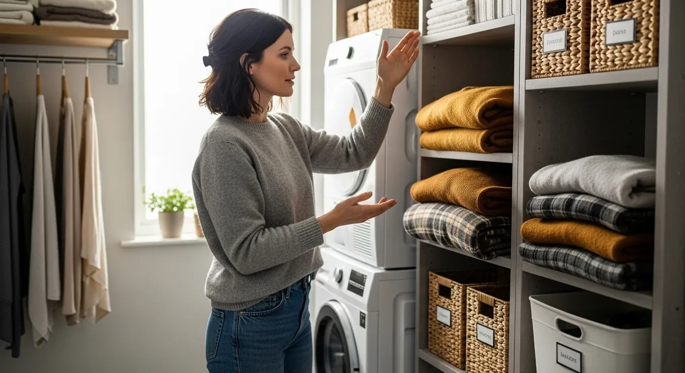 Femme organisant sa buanderie avec des paniers et des étagères