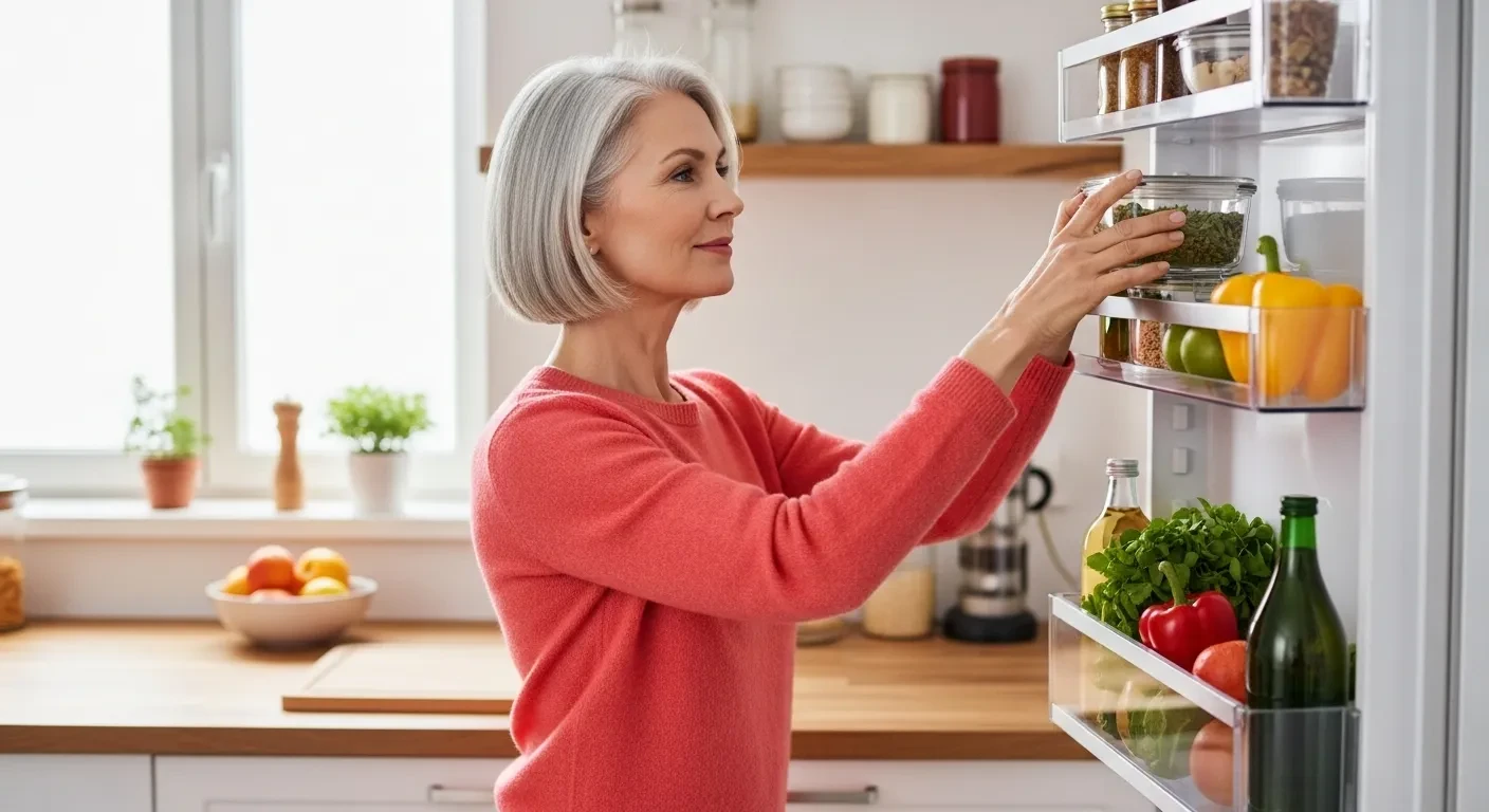 Femme organisant son frigo dans une cuisine cozy