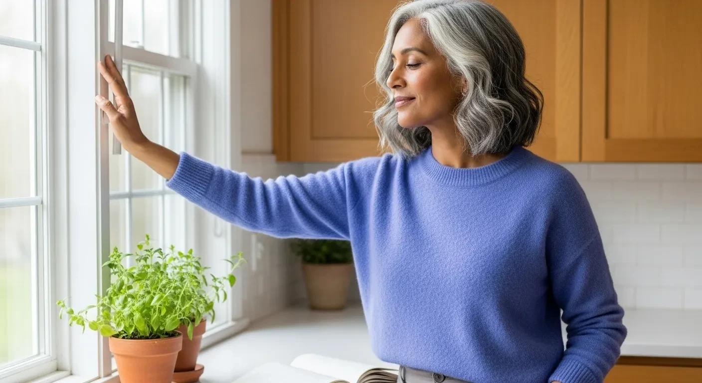Femme ouvrant la fenêtre de sa cuisine pour aérer
