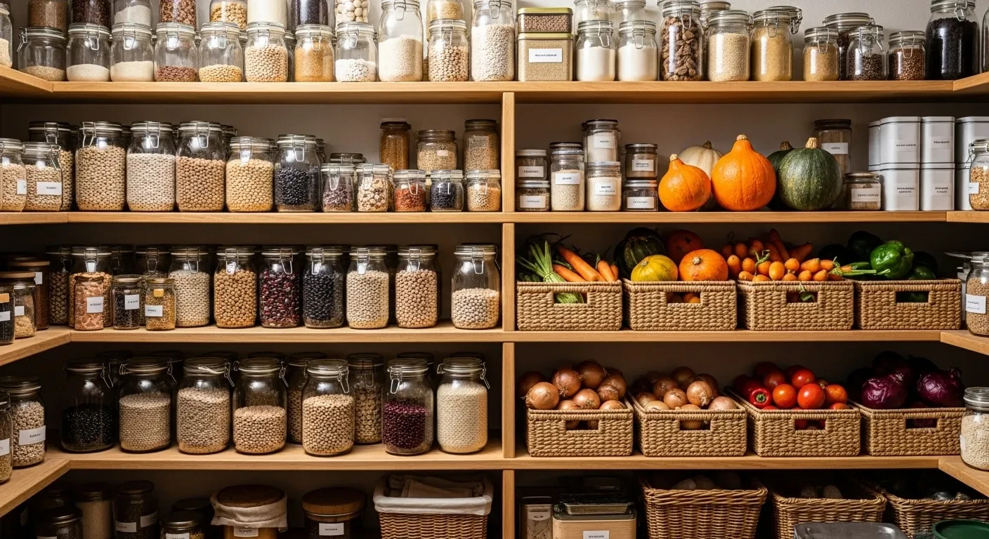 Étagères en bois avec jarres et légumes d'automne