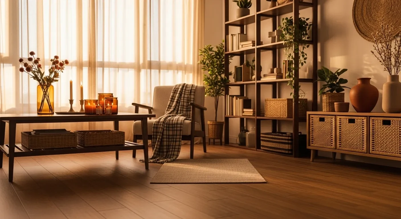 Salon décoré pour l'automne avec ambiance chaleureuse