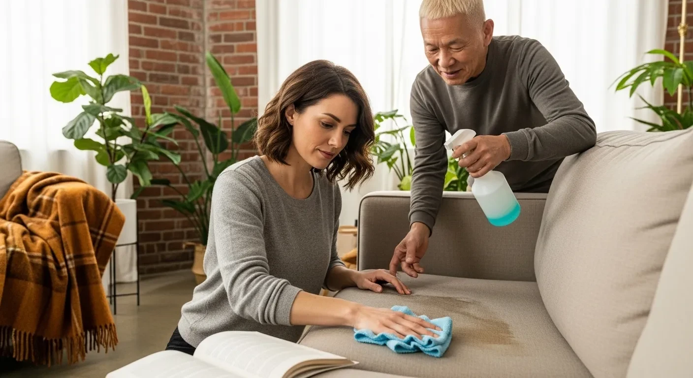 Couple nettoyant un canapé avec des produits écologiques