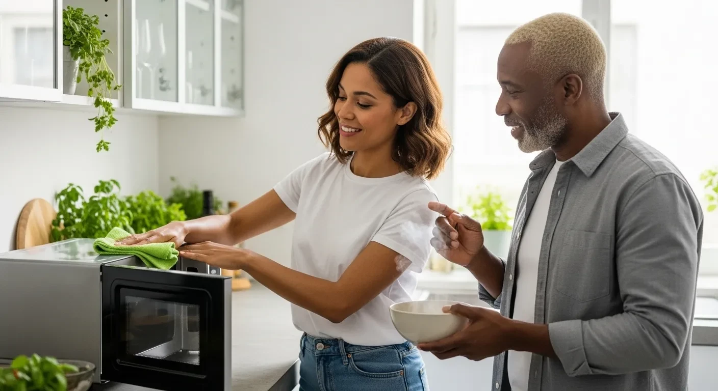 Couple nettoyant un micro-ondes dans une cuisine moderne