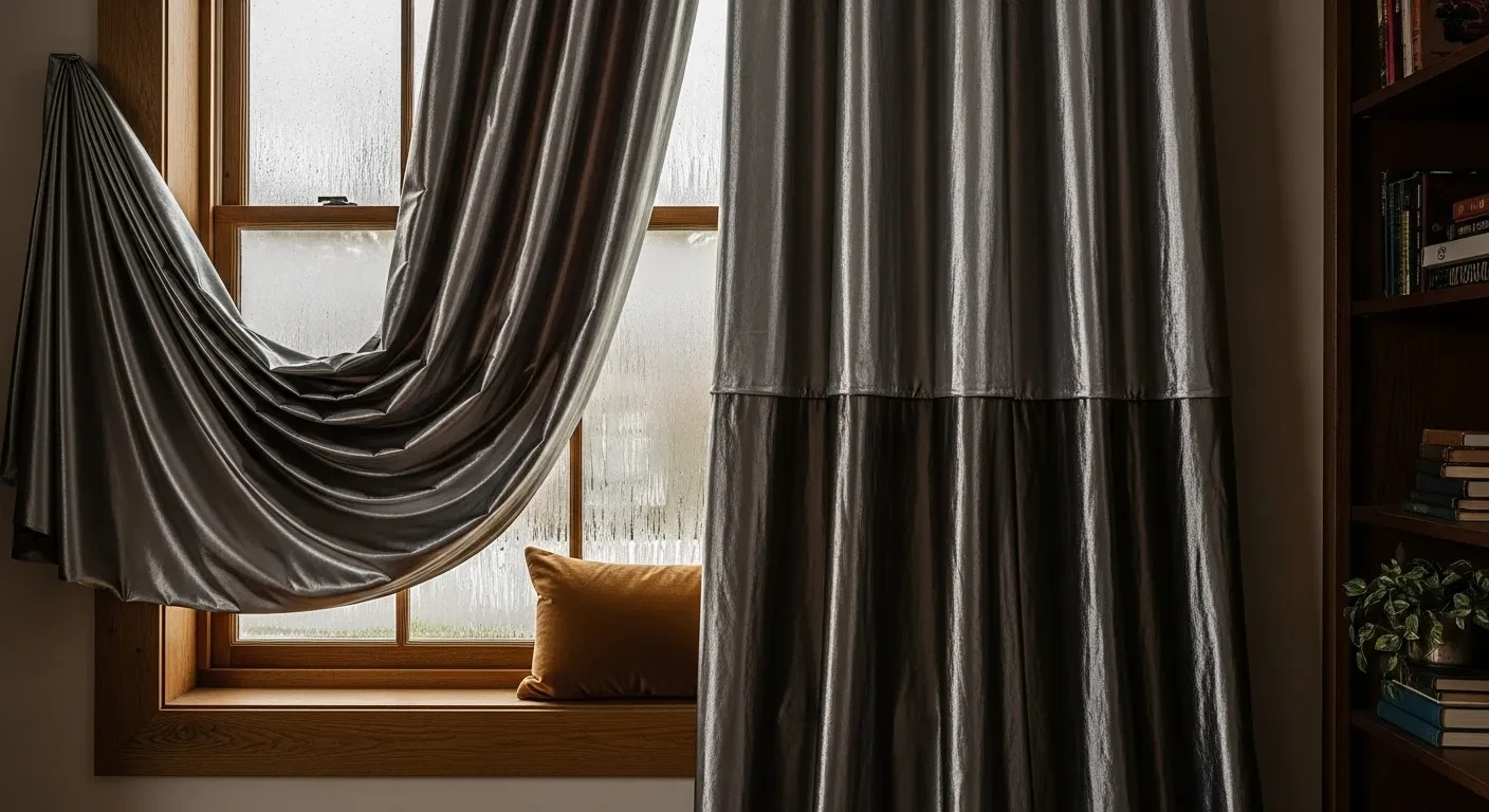 Rideaux thermiques épais sur fenêtre en bois