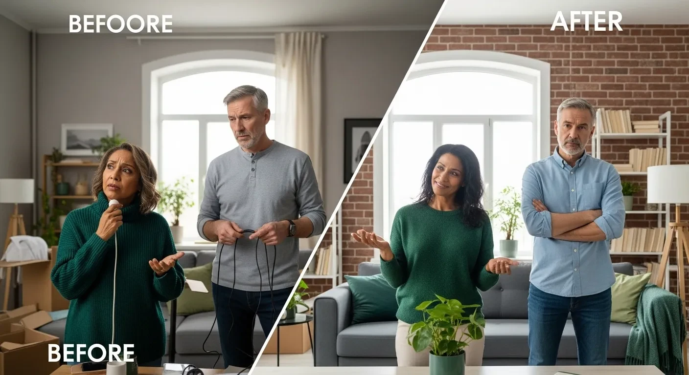 Transformation d'un salon avant et après par un couple