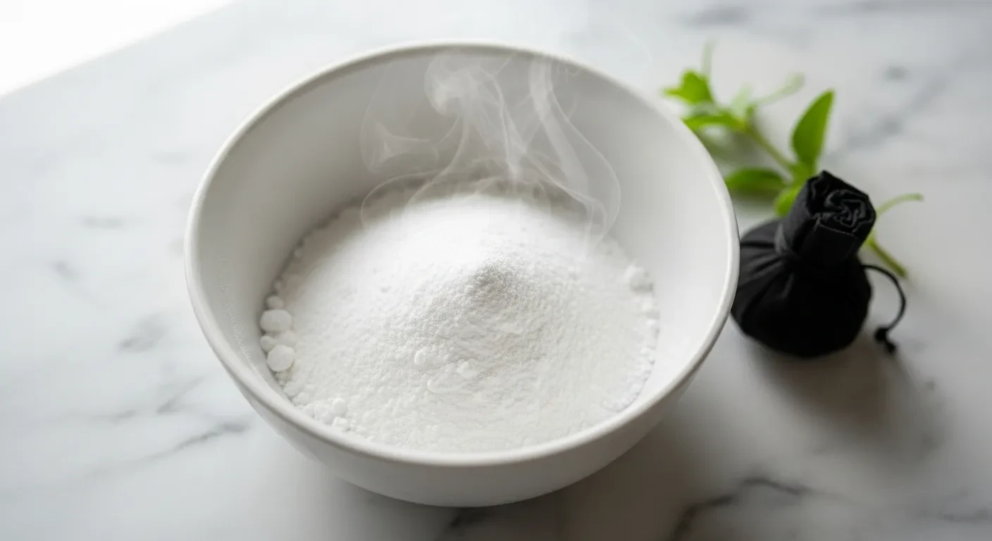Bowl of baking soda on marble counter with herbs