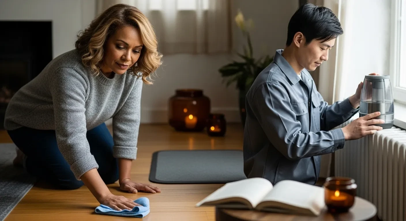 Couple prenant soin d'un sol en bois d'intérieur