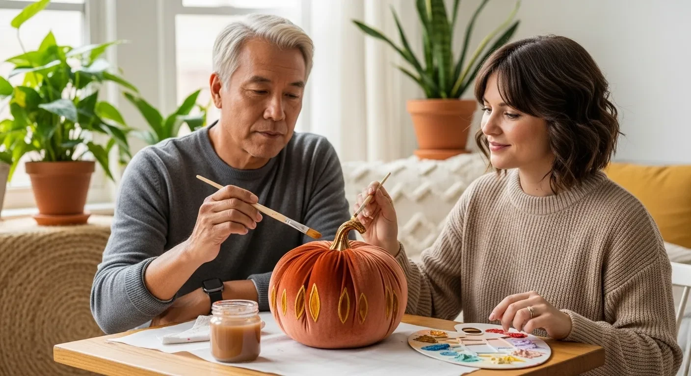 Couple peignant une citrouille en terre cuite
