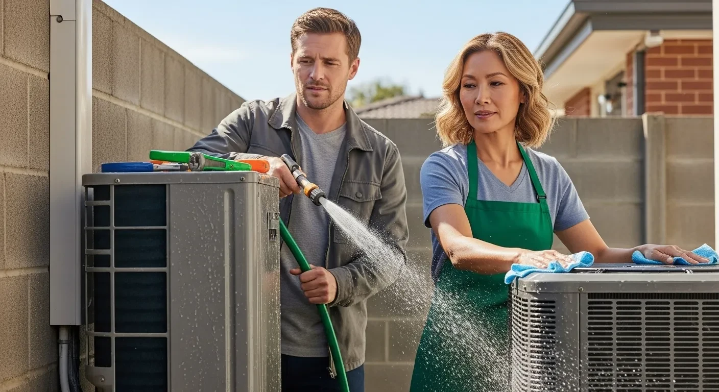 Techniciens en train d'entretenir une unité extérieure de climatisation