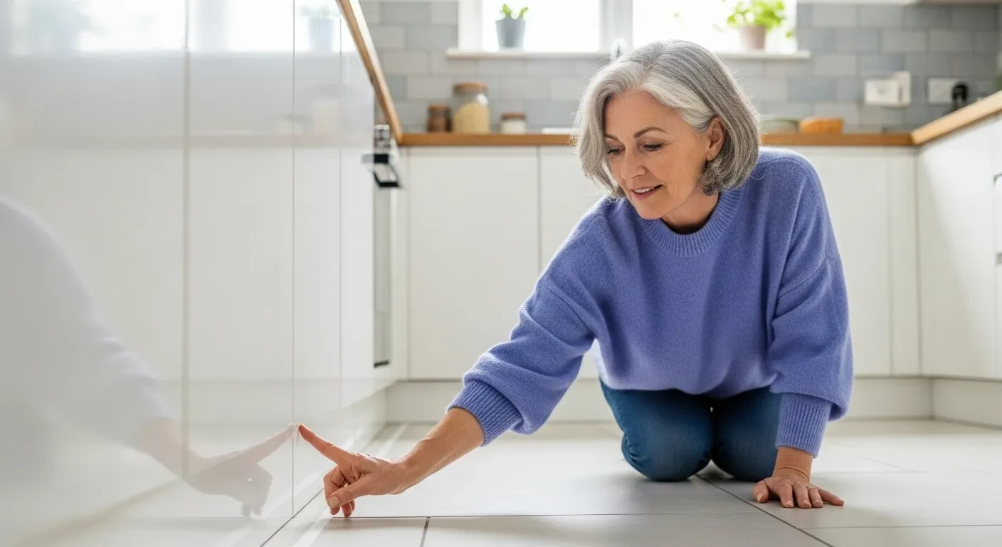 Femme inspectant les joints de carrelage en cuisine