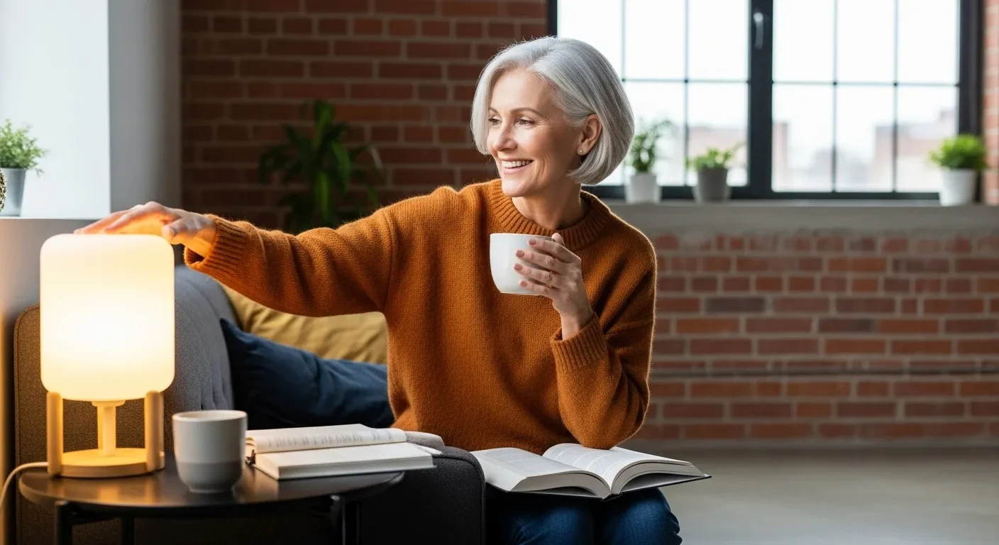 Femme lisant avec une lampe de luminothérapie