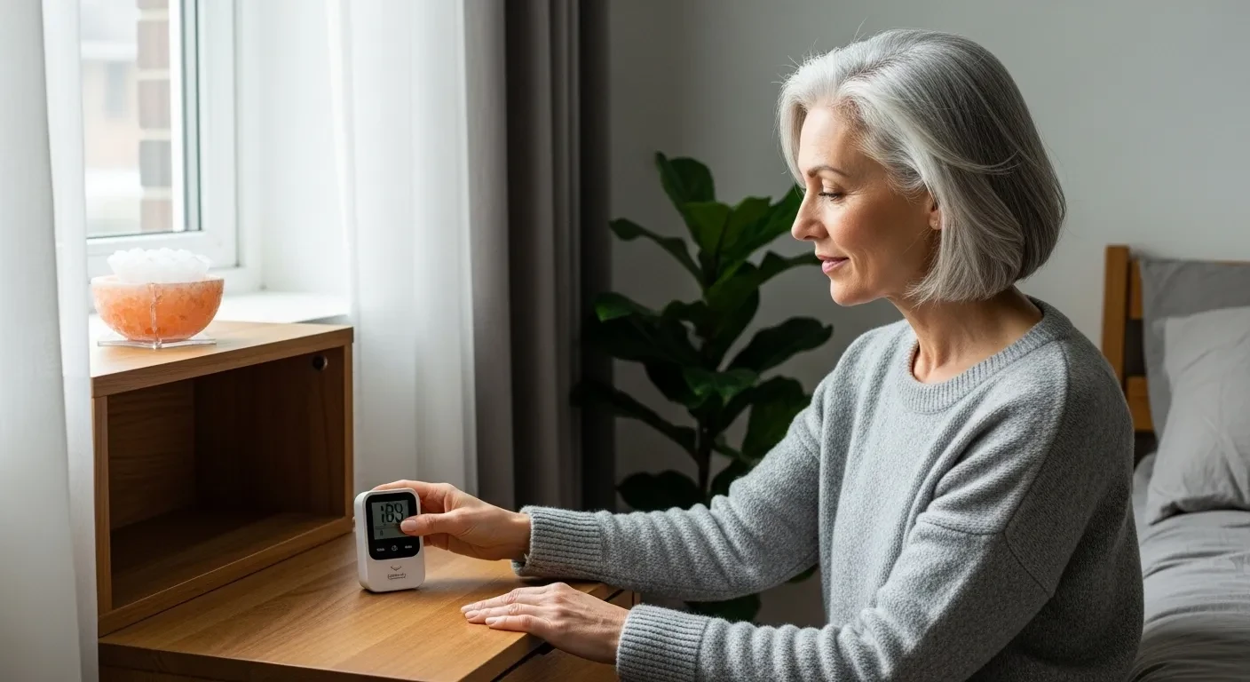 Femme mesurant l'humidité dans sa chambre avec un hygromètre