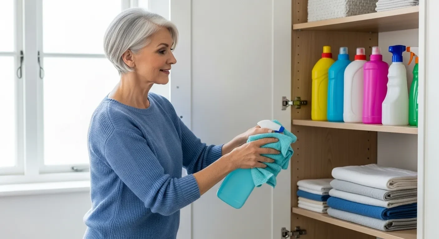 Femme de 60 ans nettoyant une étagère avec méthode