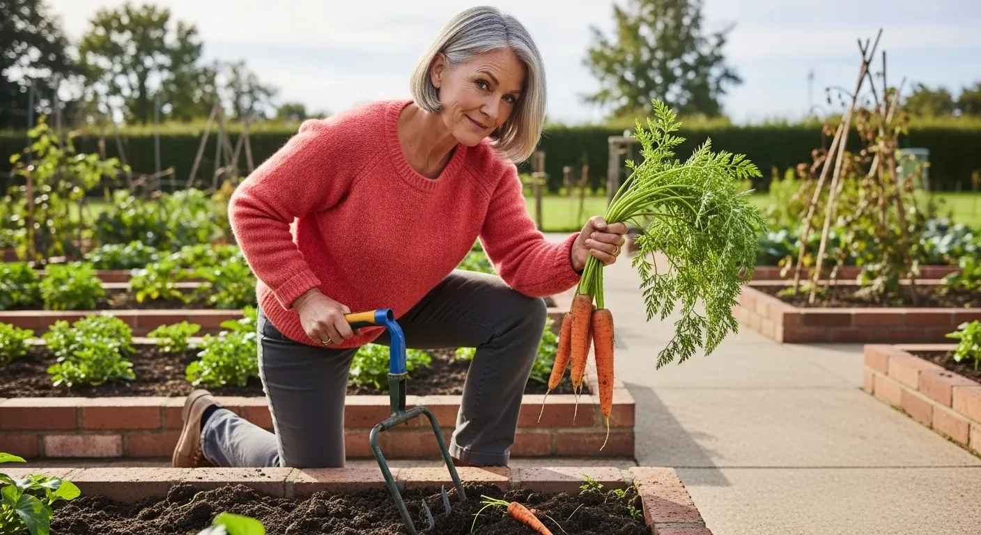 Femme récoltant des carottes dans son potager