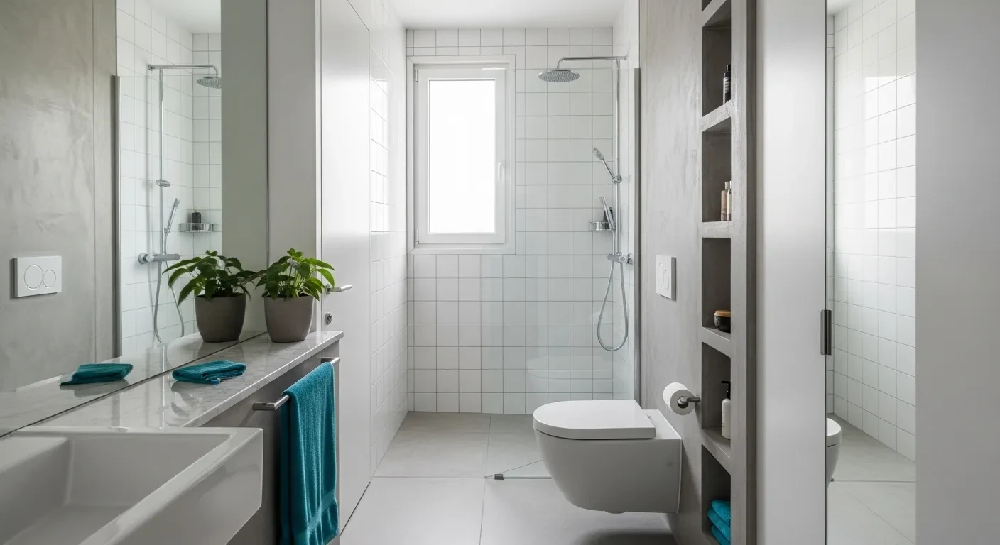 Salle de bain italienne moderne avec douche et niches de rangement