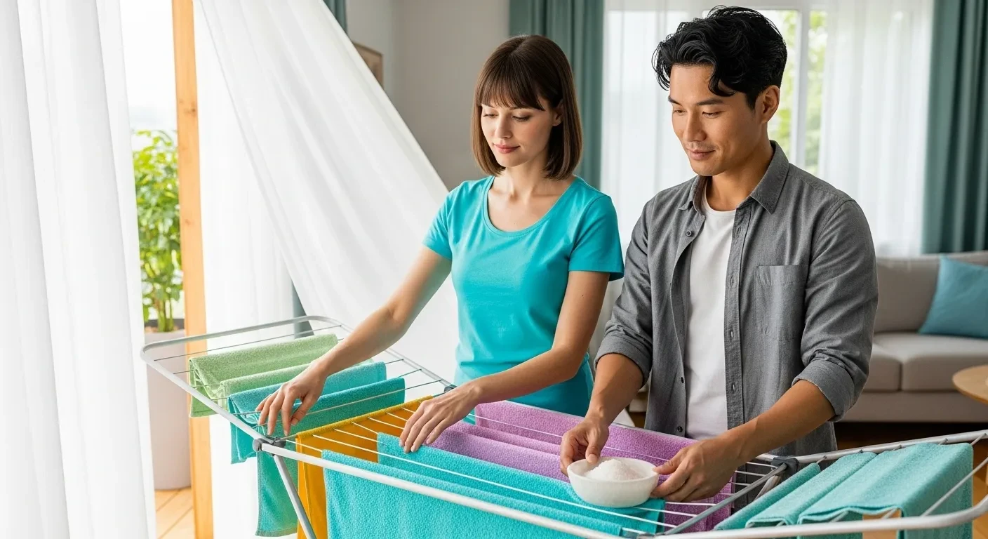 Couple séchant du linge à l'intérieur près d'une fenêtre