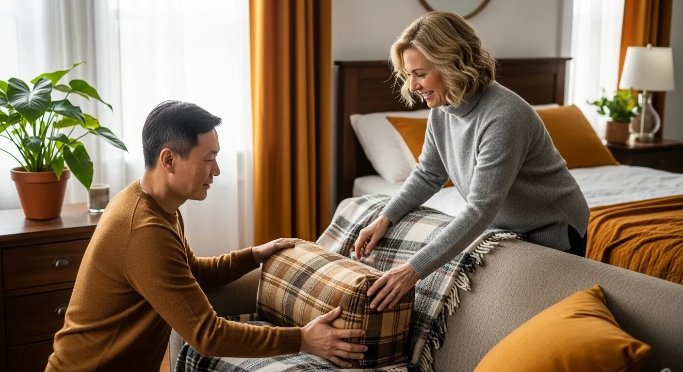 Couple ajustant un coussin sur un canapé dans une chambre