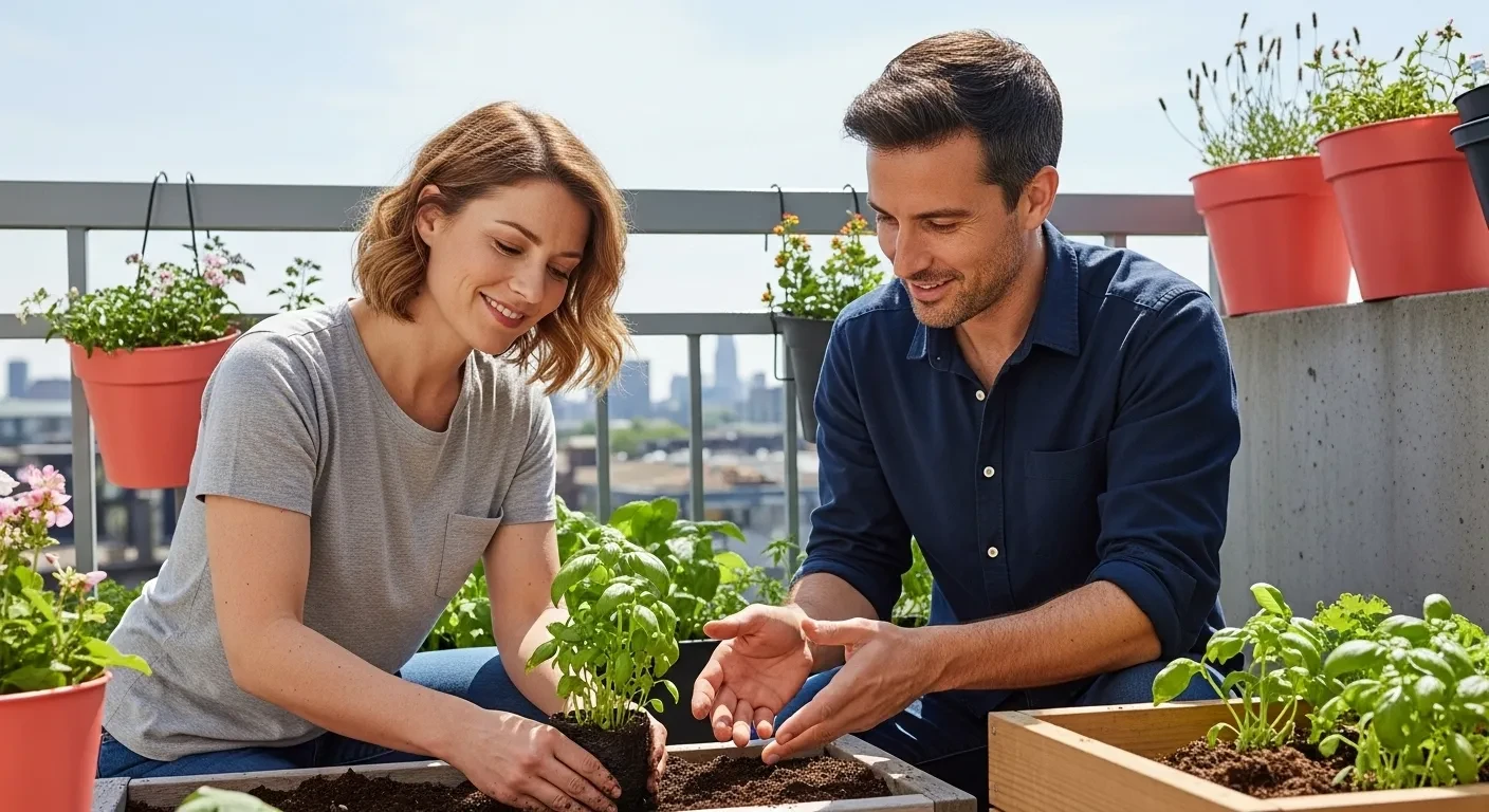 Couple jardinant sur un balcon urbain avec plants de basilic