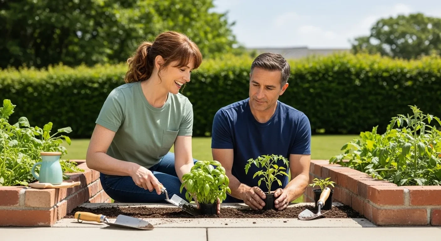 Couple jardinant ensemble dans un potager surélevé