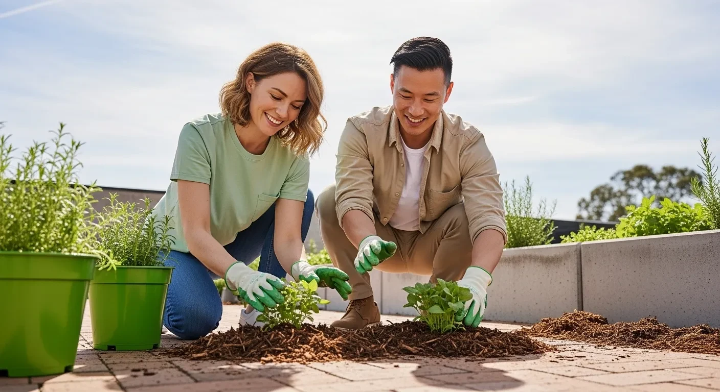Couple jardinant en répandant du mulch autour de semis