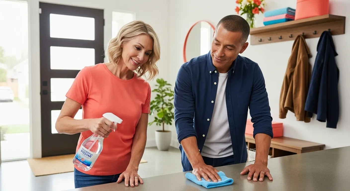 Couple nettoyant une entrée bien organisée