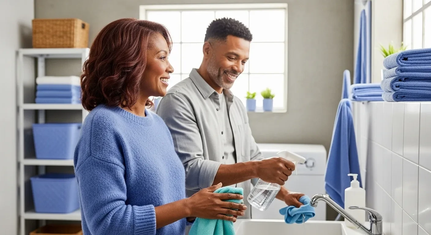 Couple souriant nettoyant avec du vinaigre dans une buanderie