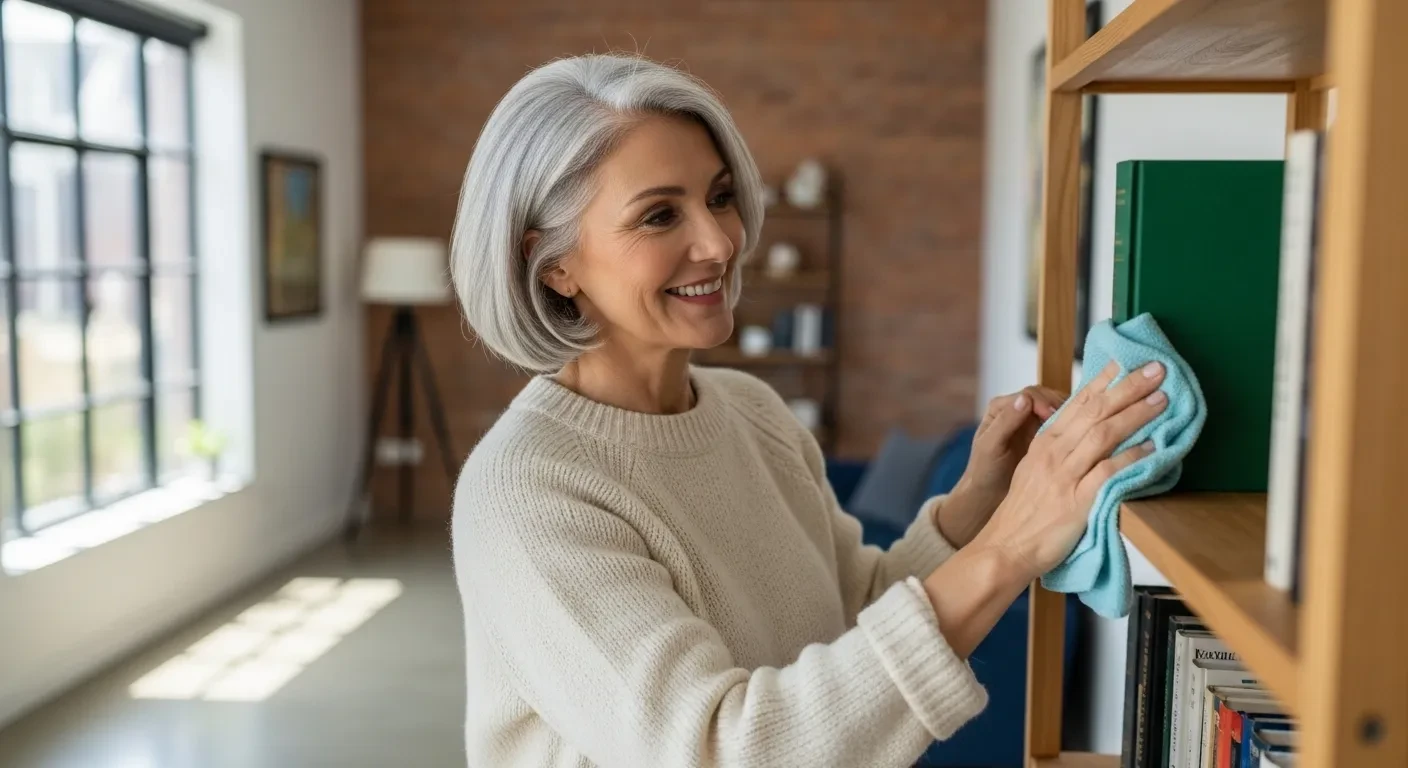 Femme souriante nettoyant une étagère dans son salon