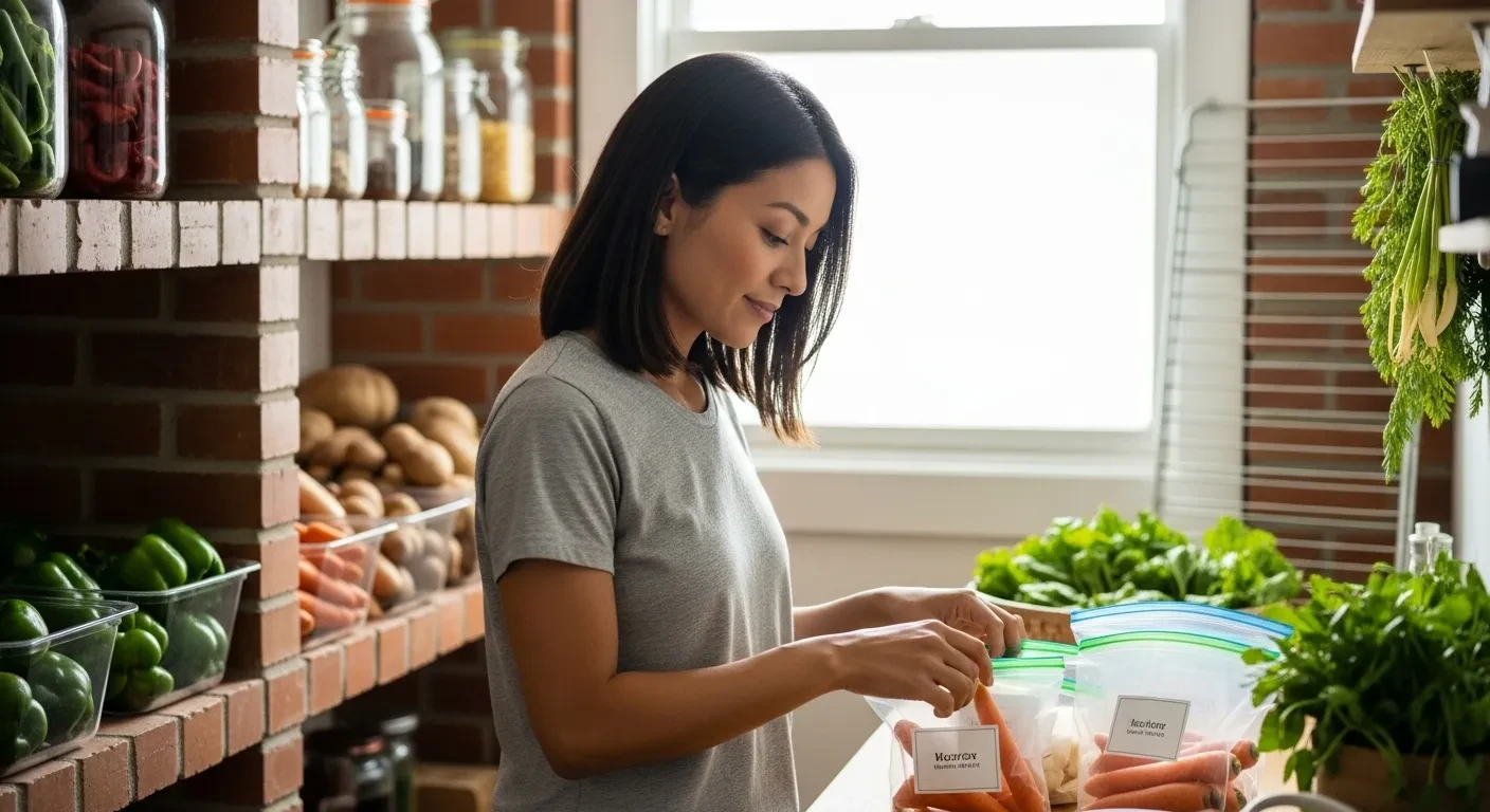 Femme organisant des légumes racines sur des étagères