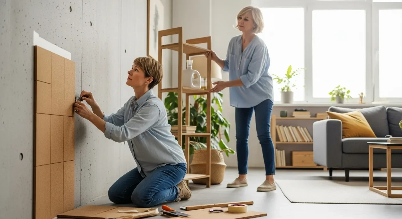 Deux femmes aménagent un mur de salon avec des panneaux en liège