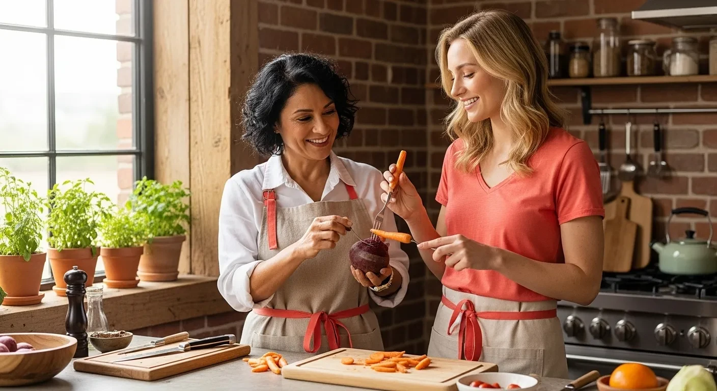 Deux générations cuisinent ensemble des légumes racines