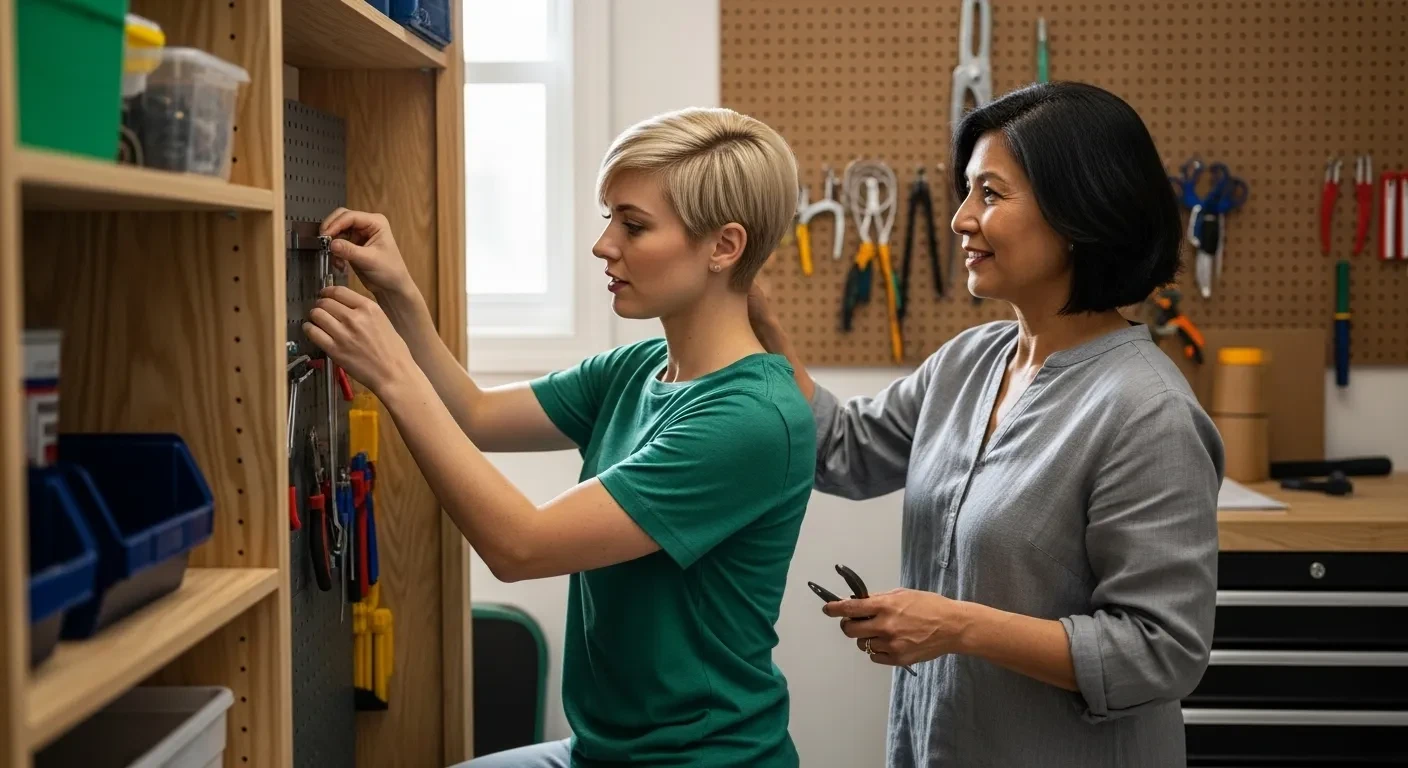 Deux femmes installant un rangement mural dans un garage