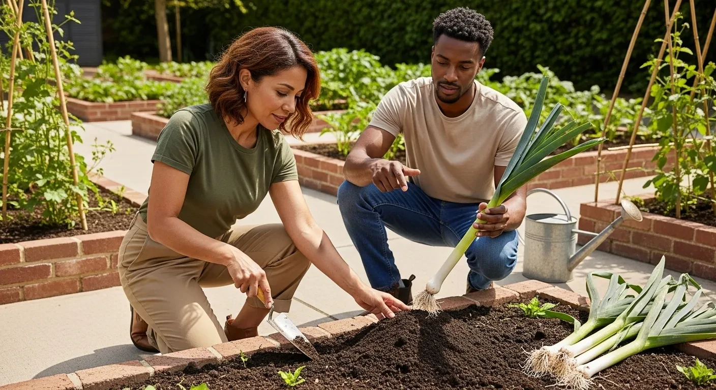Couple jardinant des poireaux dans un potager surélevé