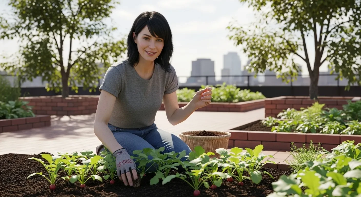 Femme jardinant des radis sur un toit urbain