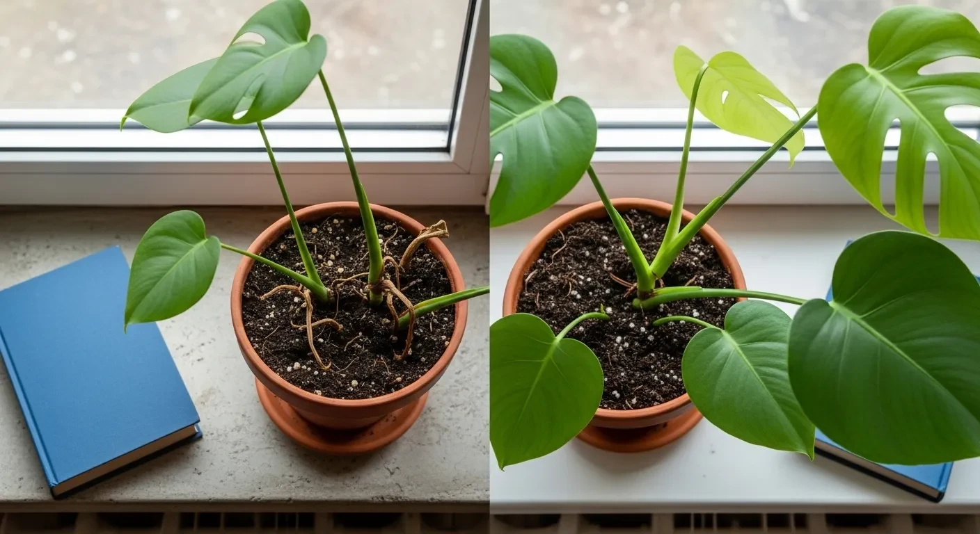 Comparaison côte à côte de tiges fines et épaisses de monstera