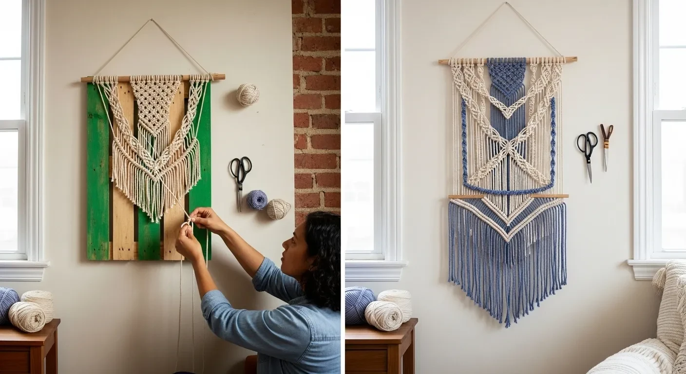 Transformation mur nu en œuvre macramé moderne