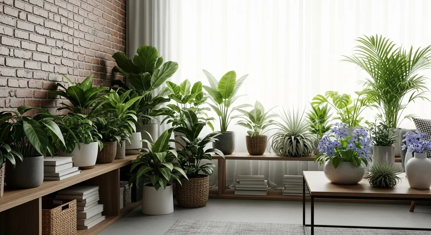 Coin salon avec plantes dépolluantes et mur en brique