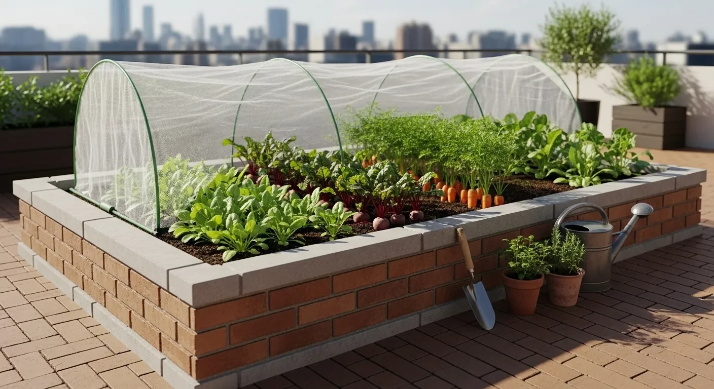 Potager urbain productif de 1 m² avec légumes et tunnel