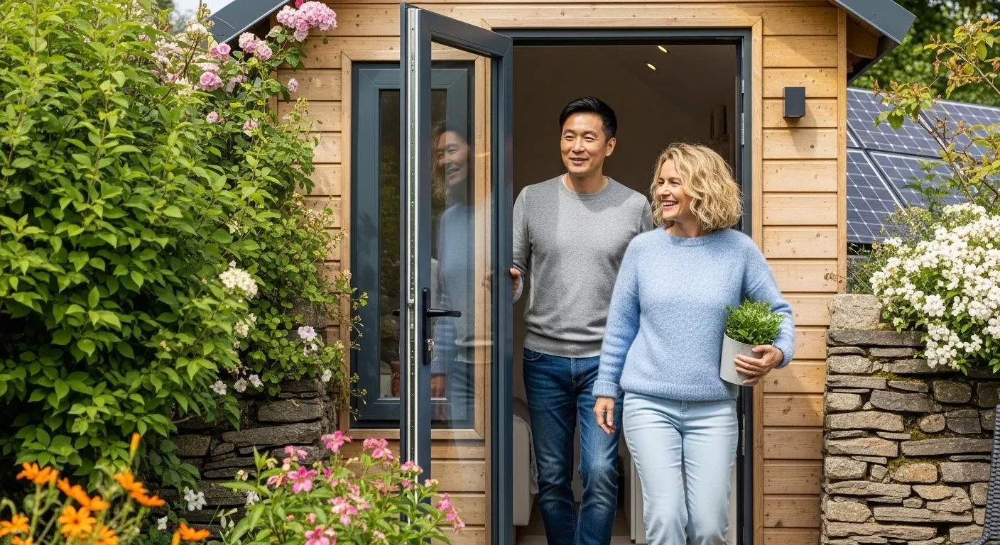 Couple entrant dans une mini-maison avec jardin luxuriant