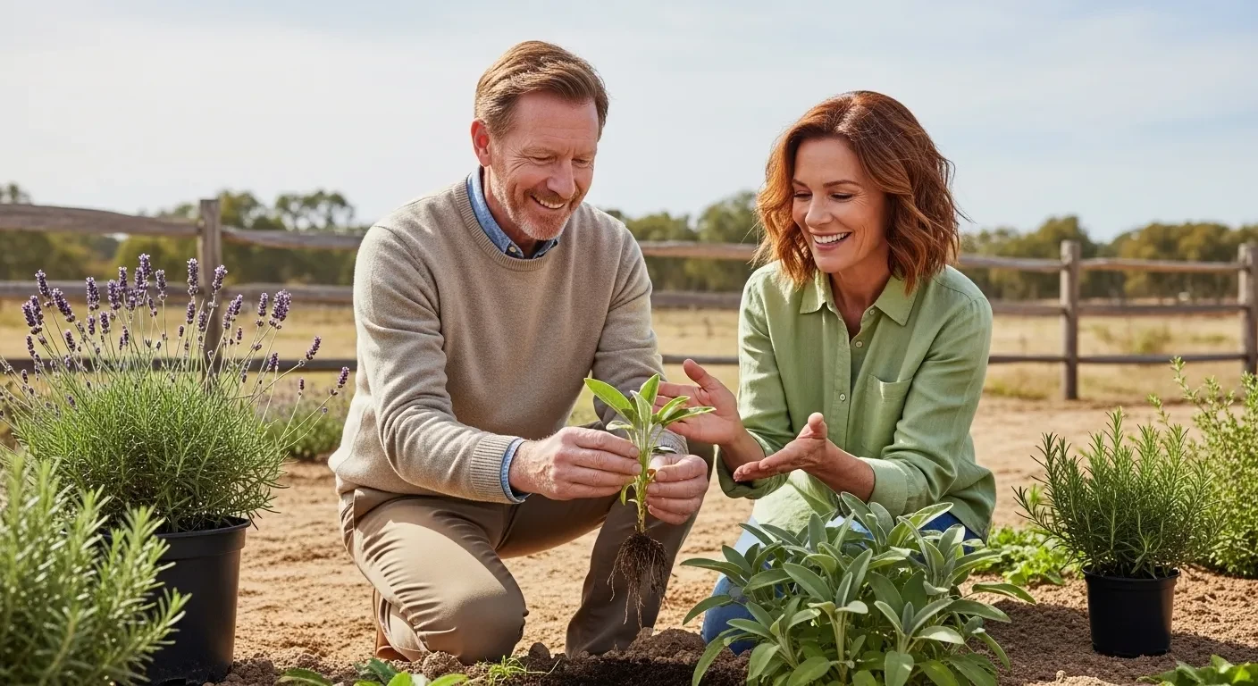 Couple âgé jardinant des plantes aromatiques