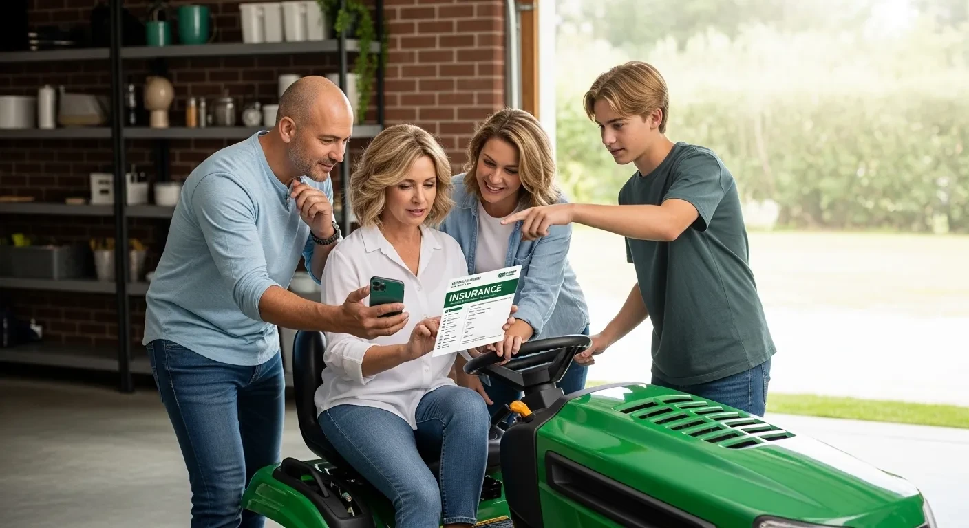 Famille discutant assurance tondeuse autoportée dans garage
