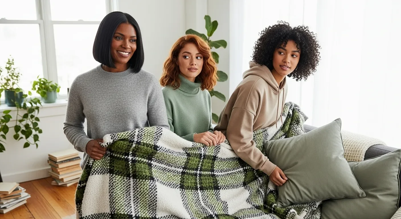 Famille installant un plaid en laine bouclée sur un sofa moderne