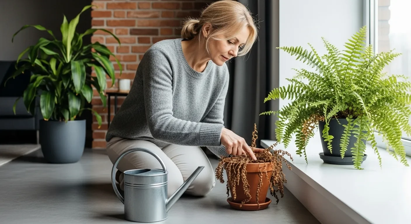 Femme vérifiant la terre sèche d'une plante fanée