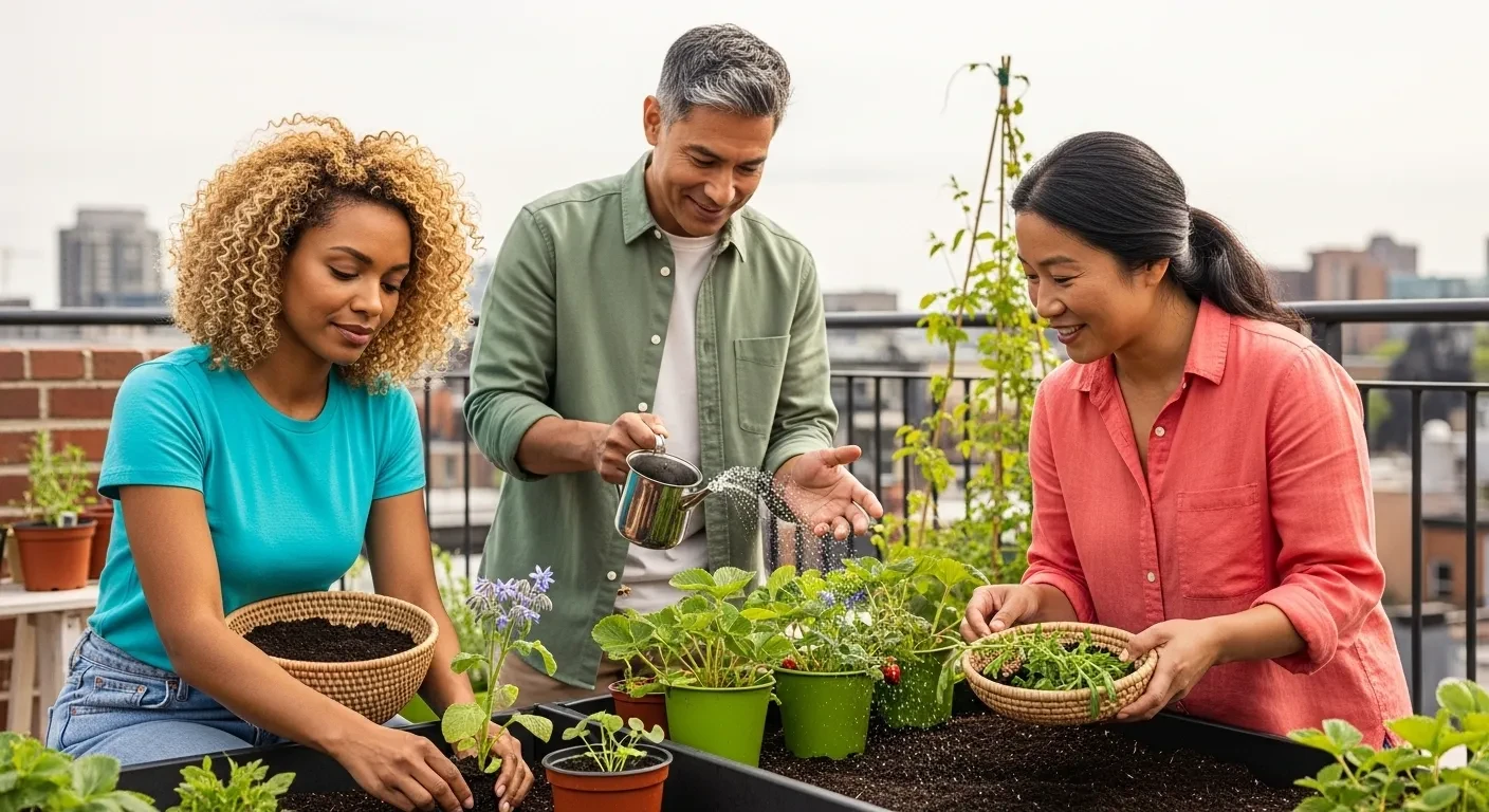 Famille jardinant ensemble avec des plantes biologiques